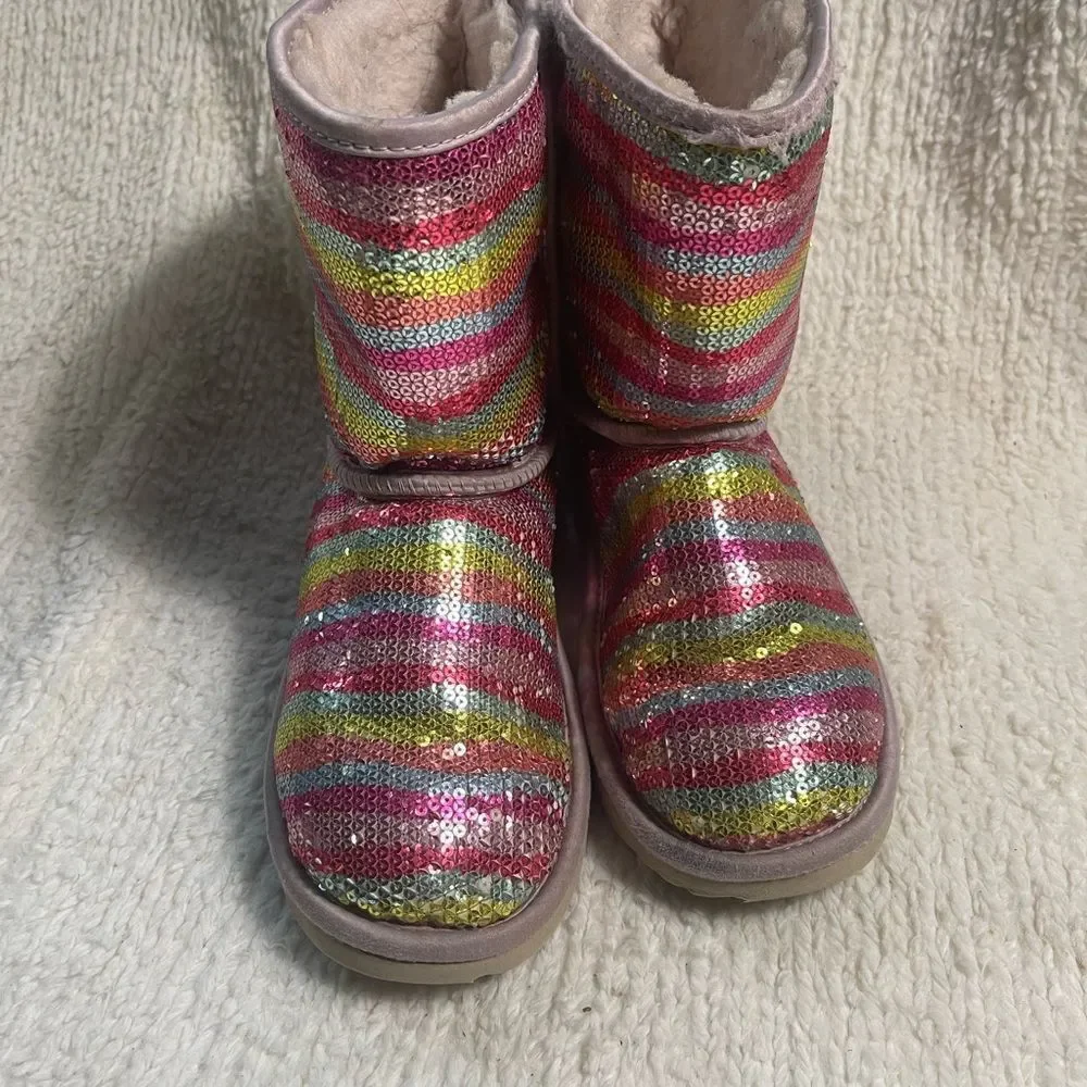 UGG sparkle Sequins Rainbow kids Boots leather blush pink trims fur lining SZ6